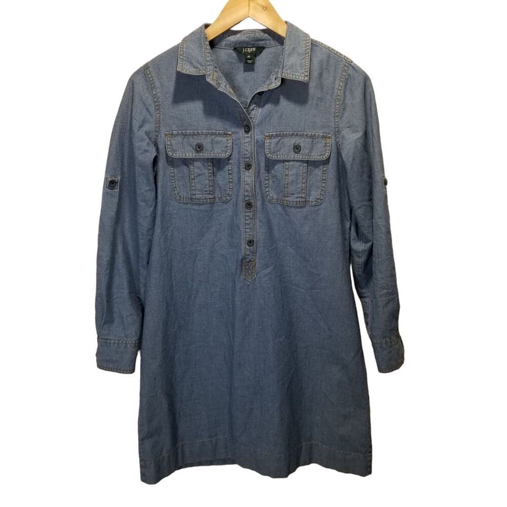 J. CREW Shirt Dress XS Chambray Denim Mini Long Sleeve Pockets Light Indigo - Picture 6 of 6